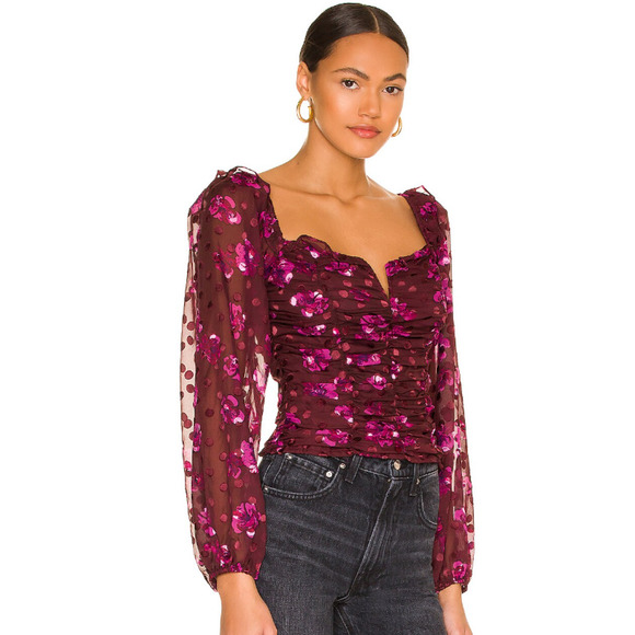 ASTR THE LABEL Perkins Fuchsia Burnout Floral Balloon Sleeve Polka Blouse Sz XS - Picture 2 of 12